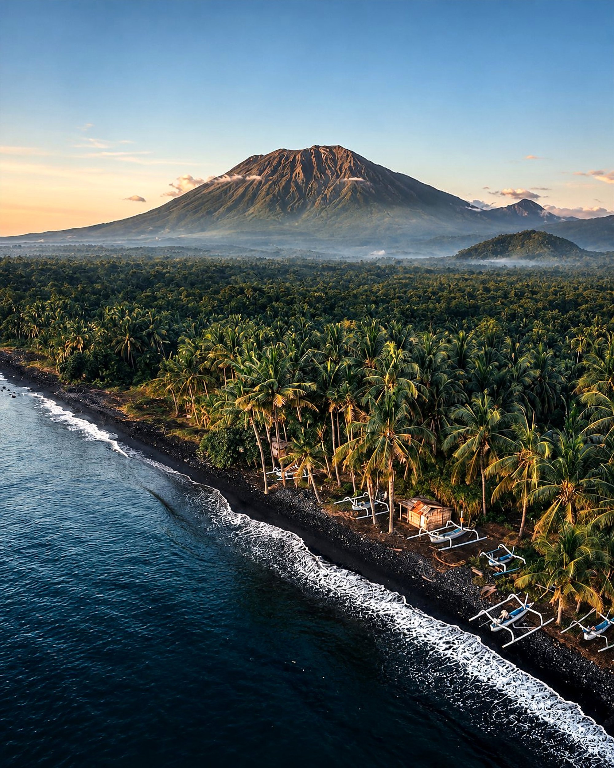 Mount Agung rising above palm forest and a black-sand beach with outrigger boats in Bali