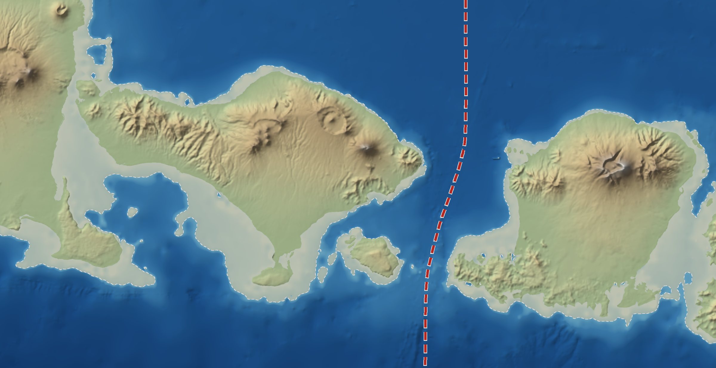 Map of Bali, the Lombok Strait and Lombok, with the Wallace Line running between them