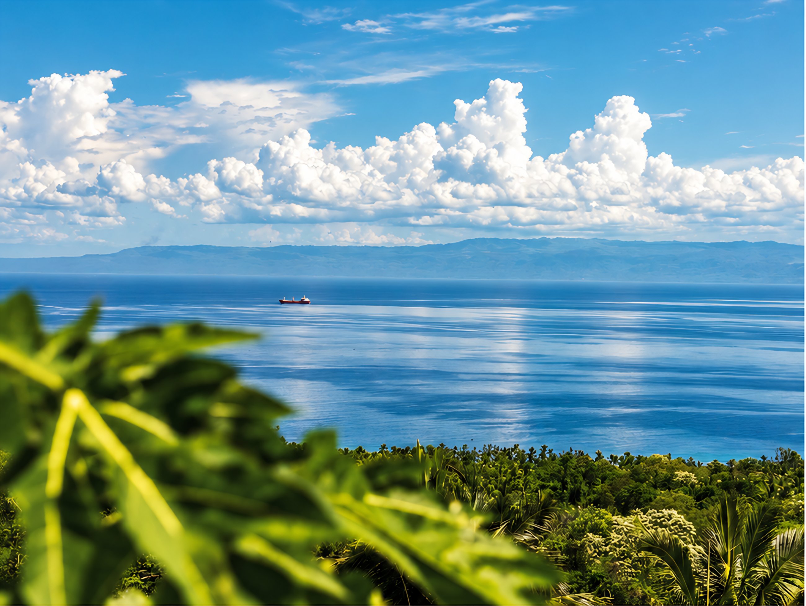 Calm blue sea off Sulawesi with a cargo ship, palm forest in the foreground and mountains on the horizon