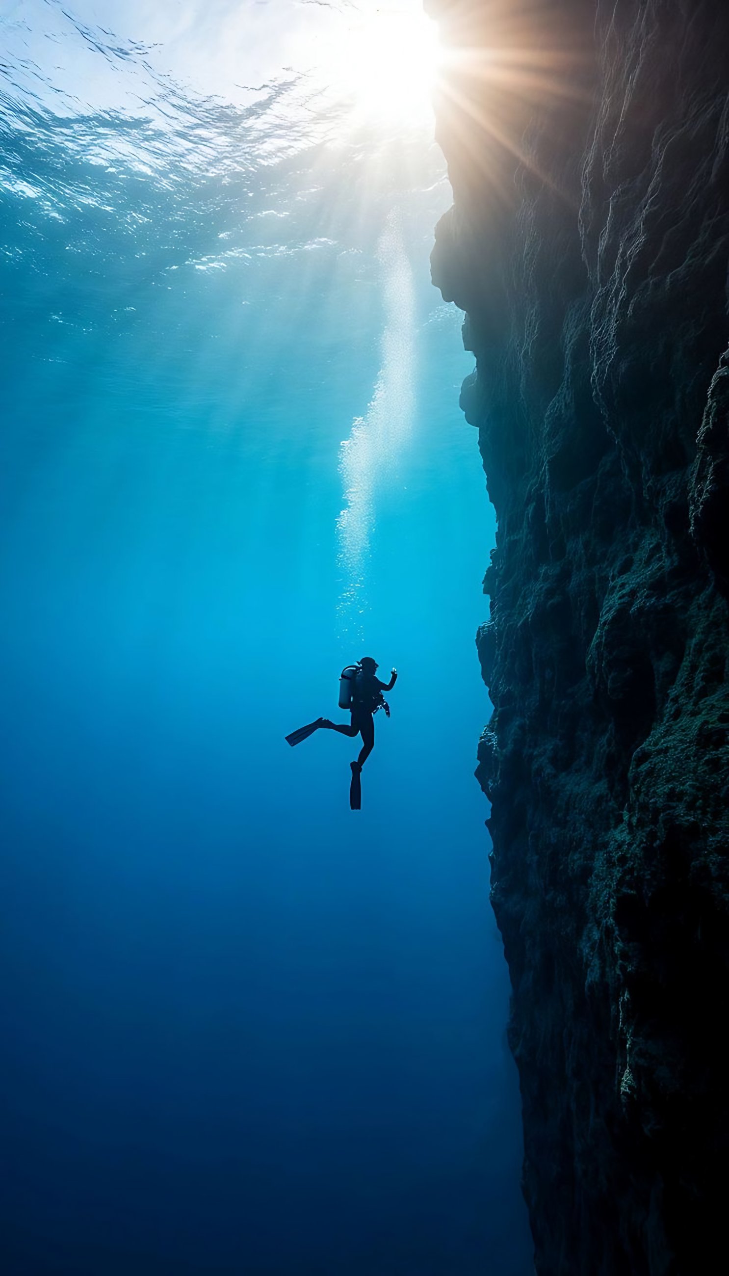 A diver descending beside a sheer reef wall with sunlight breaking through the surface