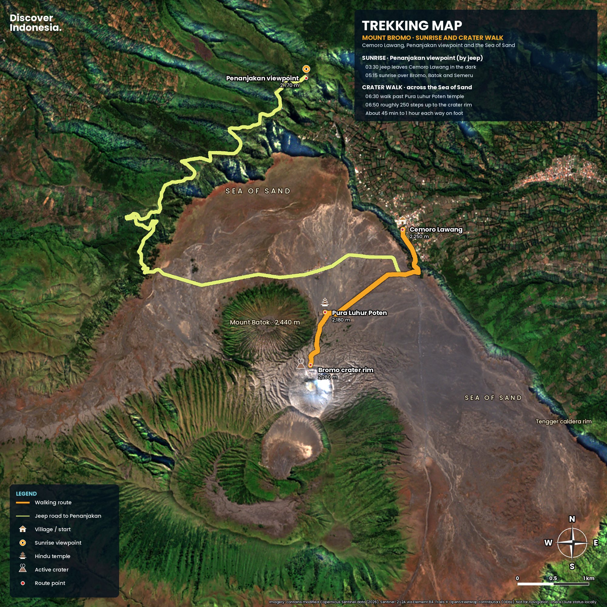 The Bromo sunrise route from Cemoro Lawang across the Sea of Sand, with the Penanjakan viewpoint on the outer caldera rim. Imagery: contains modified Copernicus Sentinel data (2026). Trails © OpenStreetMap contributors.