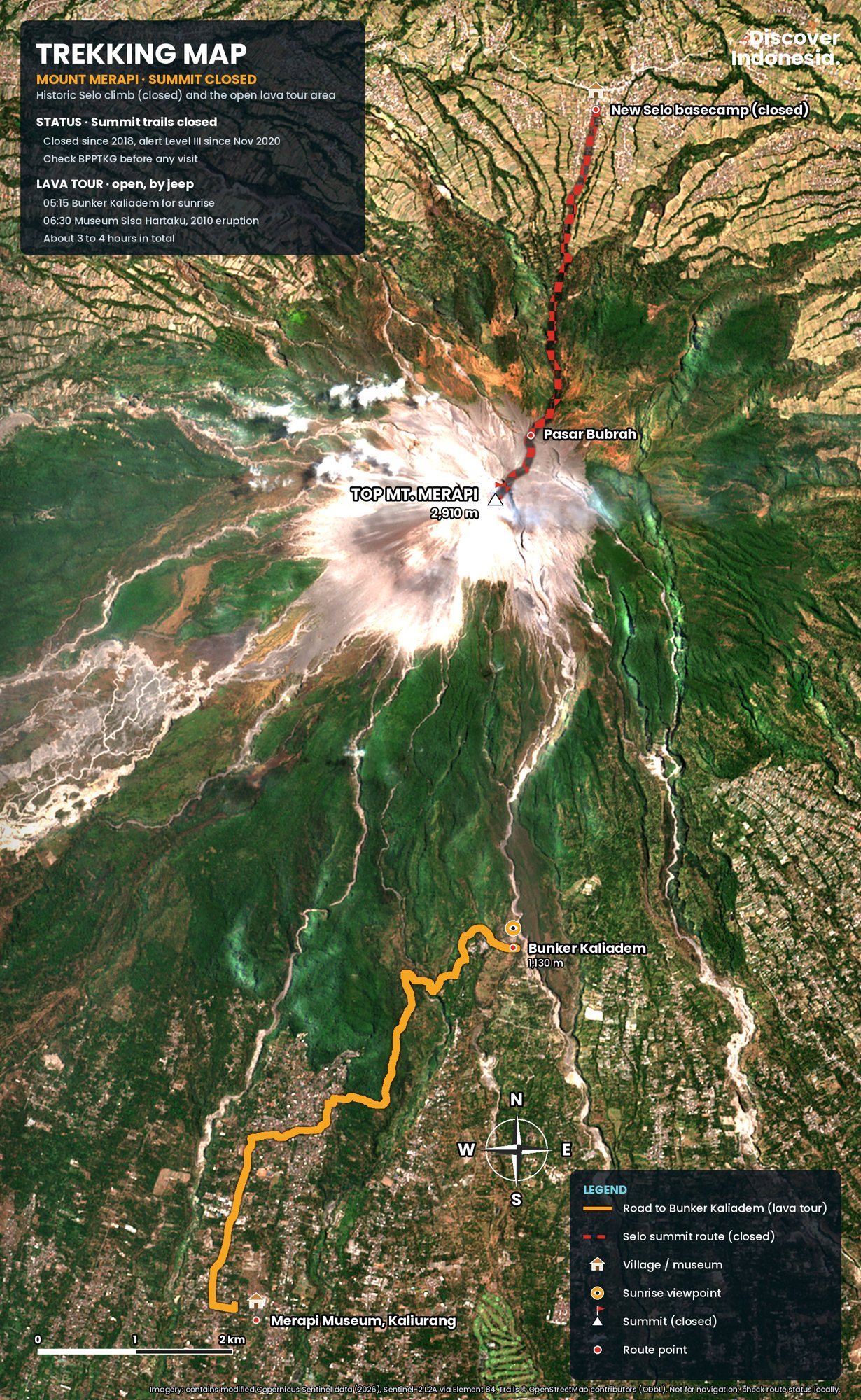 Merapi's closed Selo summit route (red dashes) and the open lava tour area on the southern slope, with Bunker Kaliadem and the Merapi Museum. Imagery: contains modified Copernicus Sentinel data (2026). Trails © OpenStreetMap contributors.