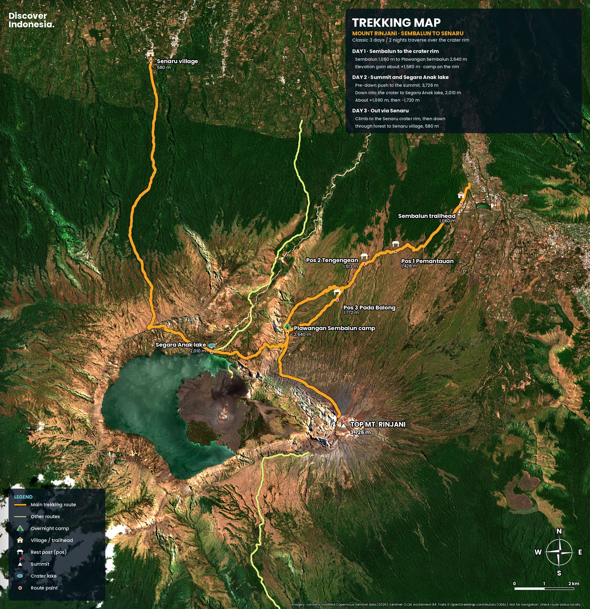 The classic three-day crossing from Sembalun over the summit to Segara Anak lake and out through Senaru. Imagery: contains modified Copernicus Sentinel data (2026). Trails © OpenStreetMap contributors.